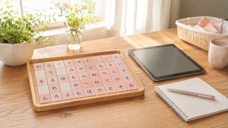 窓辺の木のテーブルに置かれたひらがな文字盤とタブレット、ノートとペン