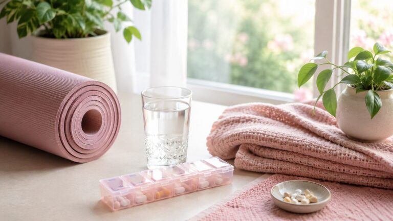 明るい窓辺の1週間分の薬ケースと水のグラス、たたんだブランケット、ヨガマット