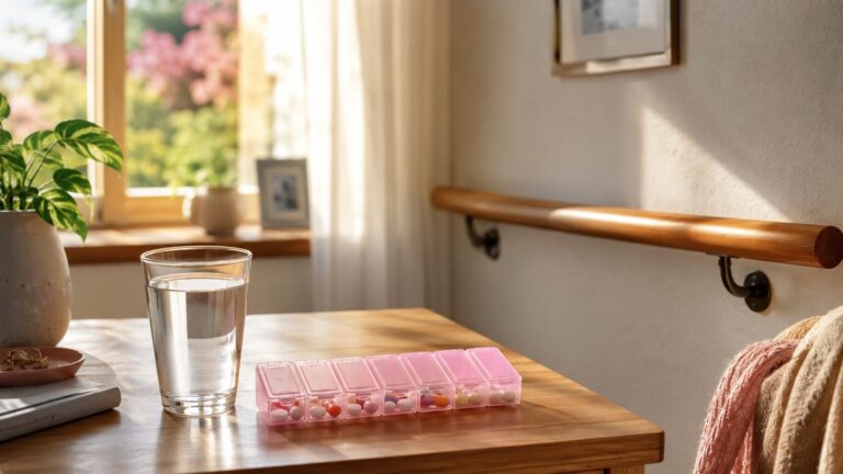 パーキンソン病の在宅療養での服薬管理を支えるお薬ケースと壁の手すり