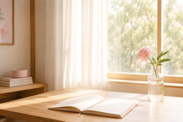 窓から差し込む朝の光の中、木製の机に開いたノートとピンクの花が一輪置かれた温かみのある空間