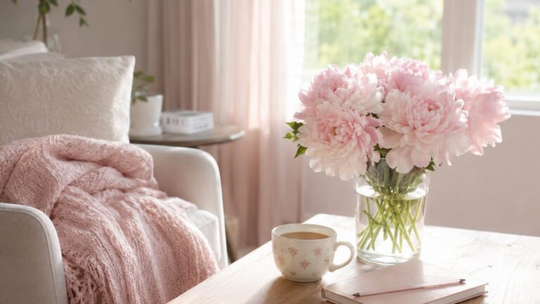 窓辺のテーブルに生けたピンクの芍薬と、ひざ掛けを掛けた椅子、コーヒーカップ