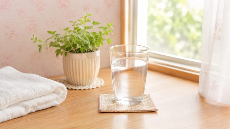 窓辺の木のテーブルに置かれた水の入ったグラスと、観葉植物、たたんだタオル