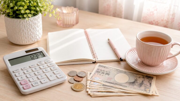 机に置かれた電卓と一万円札、小銭、開いたノートとペン、紅茶のカップ