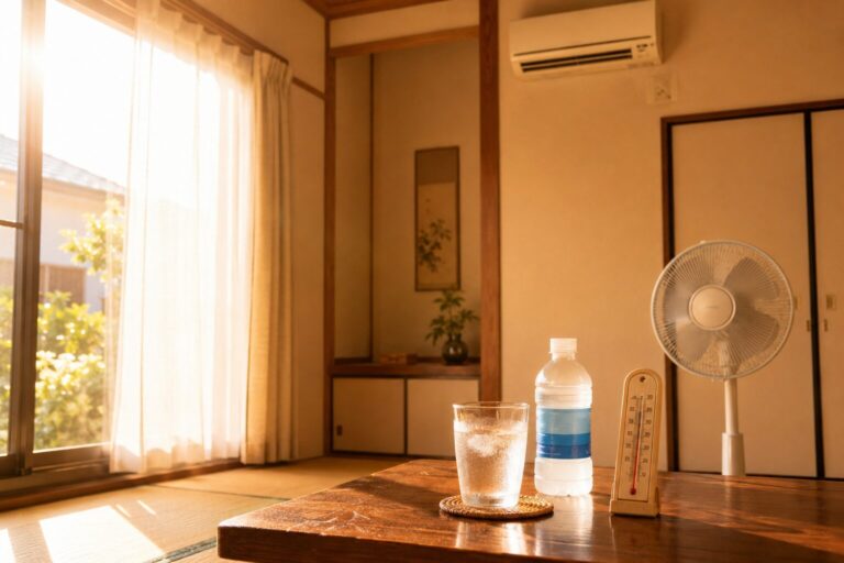 酷暑の室内で熱中症・脱水を防ぐための環境（エアコン・扇風機・室温計・経口補水など）を示すイメージ