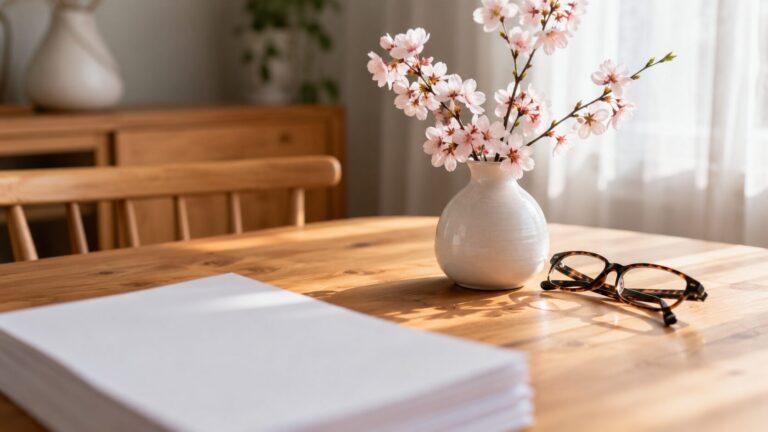 自宅のダイニングテーブルに置かれた桜の花と読書用メガネ、穏やかな朝の光