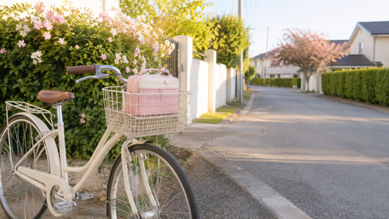 住宅街の道沿いに停められた自転車と前かごの訪問用バッグ。訪問看護の移動をイメージした写真