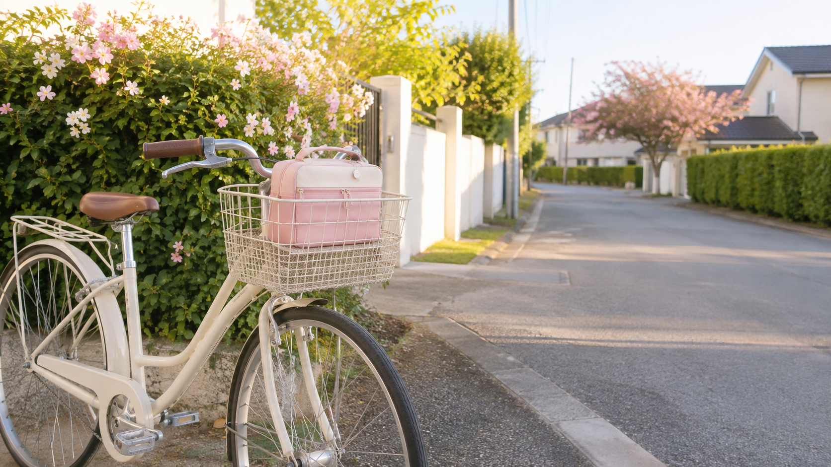 住宅街の道沿いに停められた自転車と前かごの訪問用バッグ。訪問看護の移動をイメージした写真