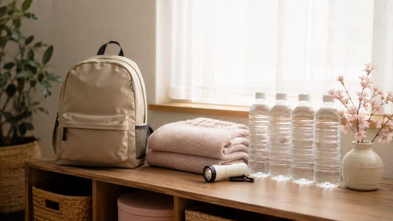 在宅療養中のご家庭の防災用品。リュック・毛布・懐中電灯・飲料水を棚に備えた様子