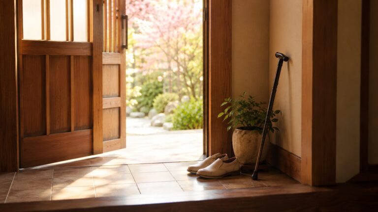 朝の玄関。揃えて置かれた靴と壁に立てかけた杖、開いた引き戸の先に庭が見える