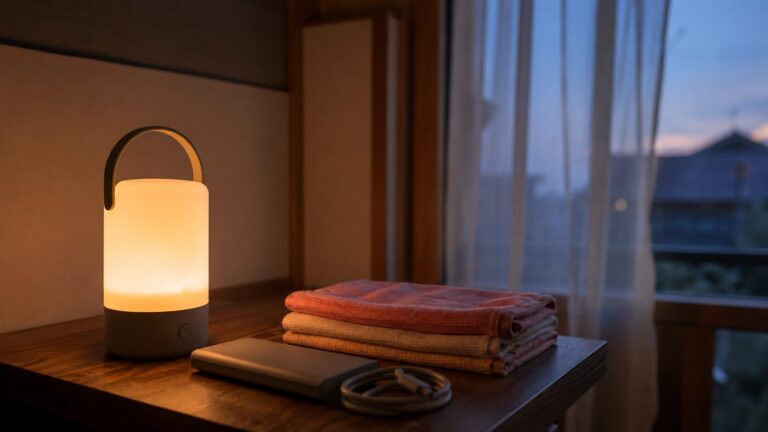 停電に備える在宅療養の室内。ランタンの灯りとモバイルバッテリーを窓辺に用意した様子