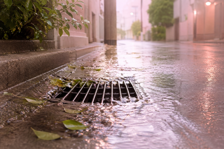 雨が降る住宅街で、道路の排水溝から水があふれ出している様子