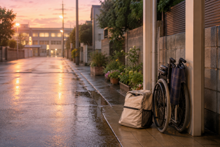 雨上がりの夕方の通学路。屋根のある通路に折りたたんだ車いすと非常持ち出し袋が置かれている