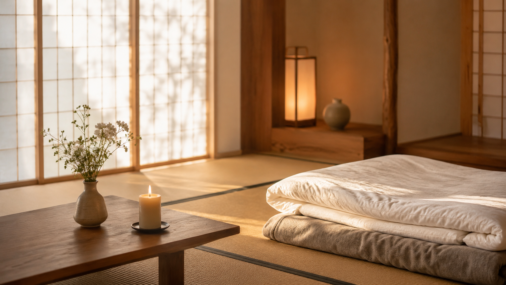 朝の光が差し込む和室。白い花を生けた花器とろうそく、たたんだ布団。在宅での看取りをイメージした写真