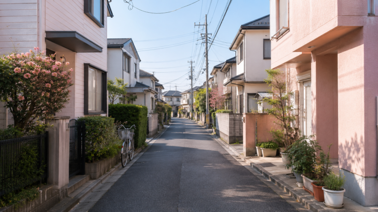 足立区西部の平坦な住宅街の路地。低層住宅と電柱が並び、自転車と植木鉢が置かれている