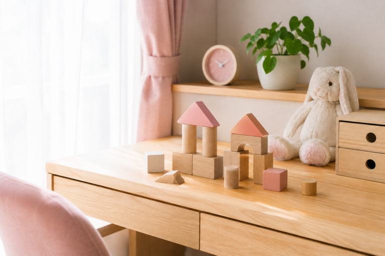 子ども部屋の机に並べた木の積み木と、うさぎのぬいぐるみ、時計と観葉植物