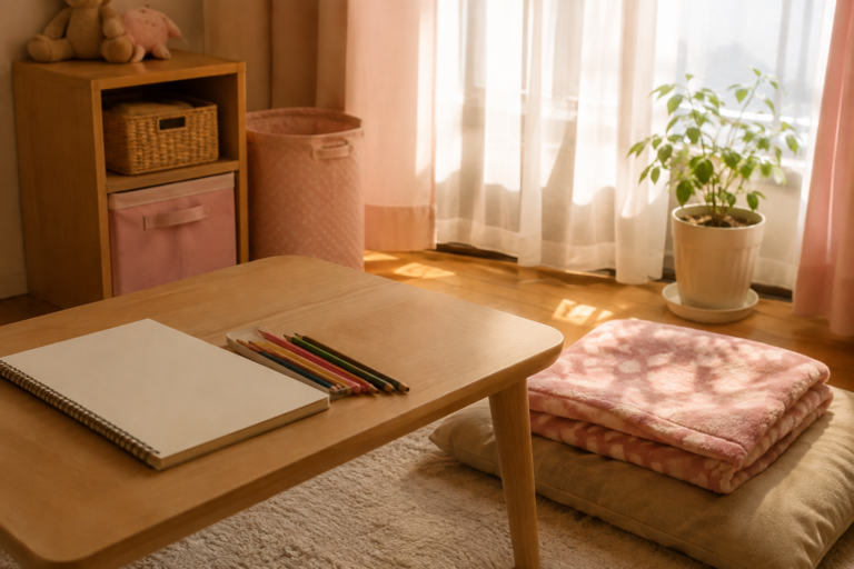 子ども部屋の低いテーブルに開いたスケッチブックと色鉛筆、窓辺にたたんだブランケットと座布団