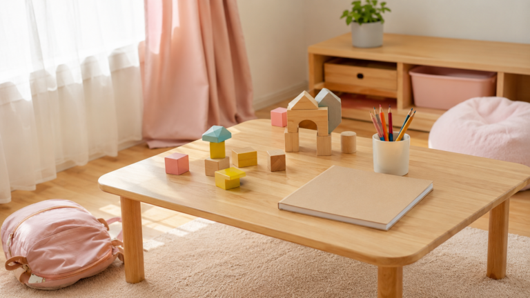 子ども部屋の低いテーブルに並べた木の積み木と色鉛筆、無地のノート。床にリュック