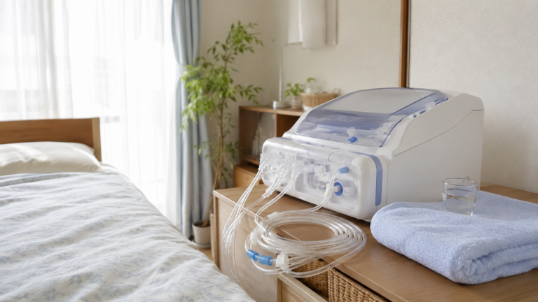 自宅の寝室のサイドテーブルに置かれた腹膜透析の装置と接続チューブ、たたんだタオルと水のグラス