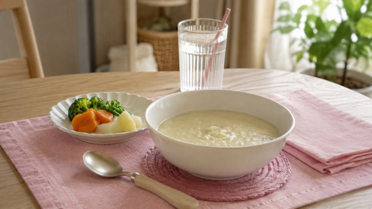 食卓に置かれたとろみのあるスープの器とスプーン、やわらかく煮た野菜の小皿、ストローを差した水のグラス