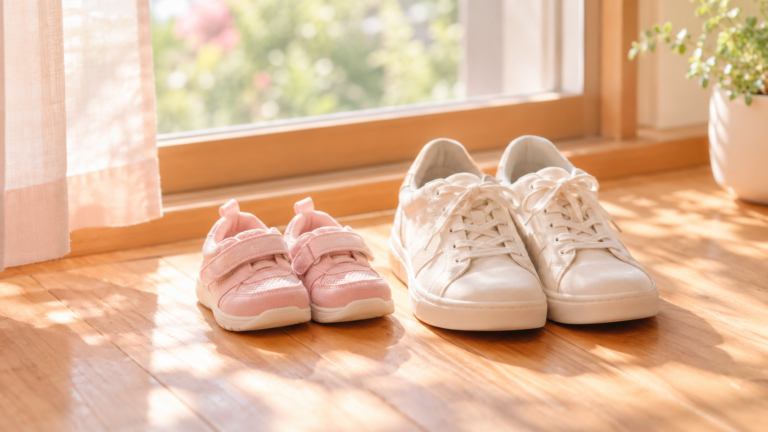 窓辺の床に並べて置かれた子どもの靴と大人の靴