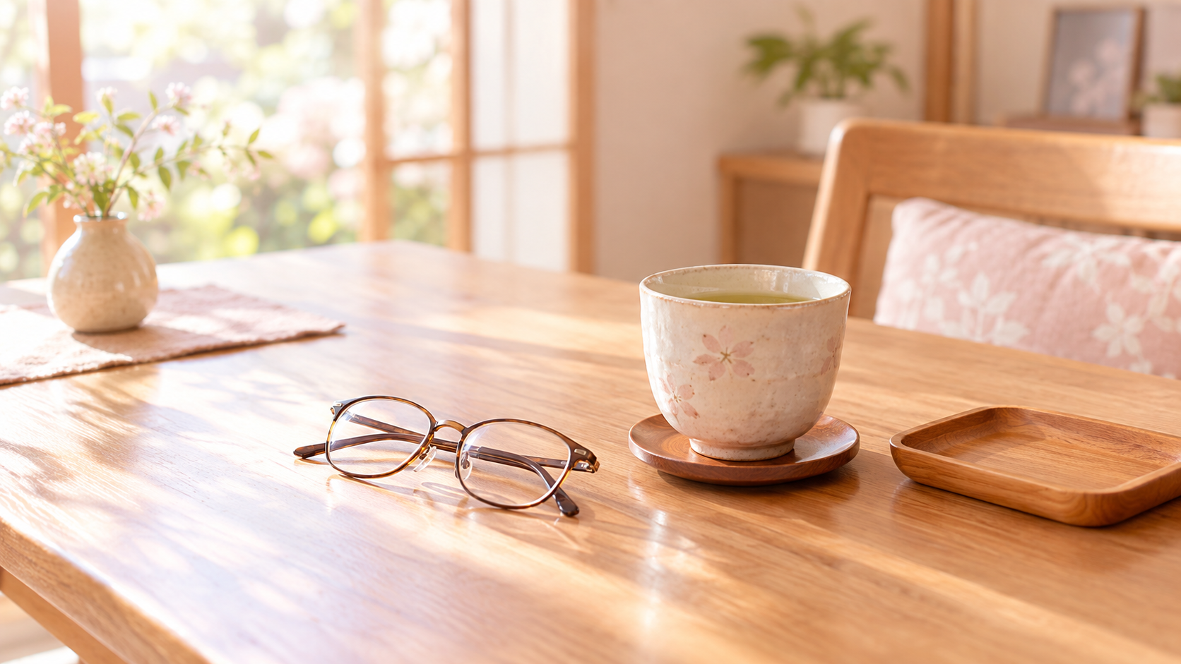 朝の光が差す木のテーブルに置かれた老眼鏡と湯呑み