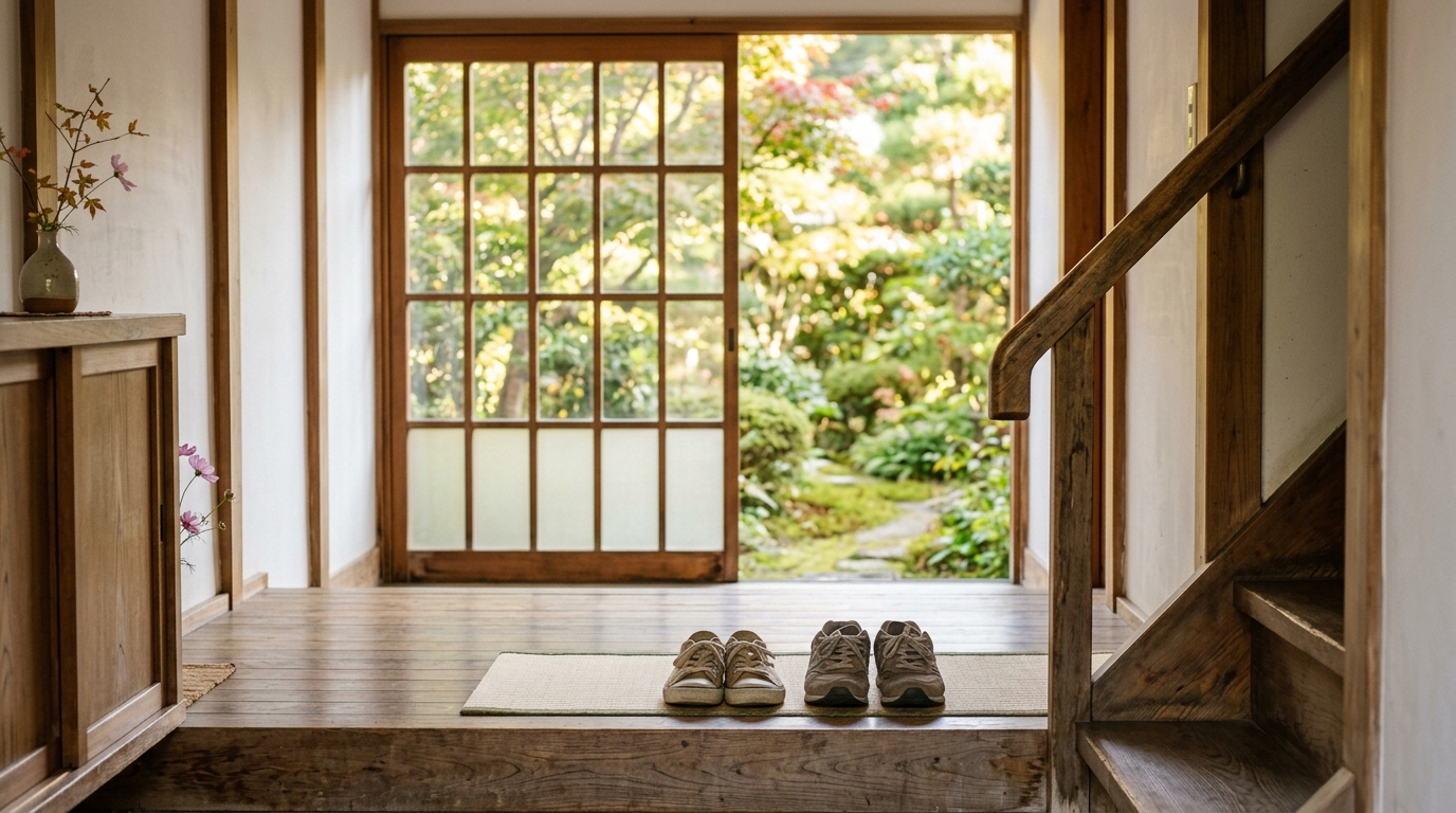 初秋の朝、日の差す玄関の上がり口と木の手すり、きちんと揃えて置かれた靴。退院後にまた外へ出られるようになるイメージ
