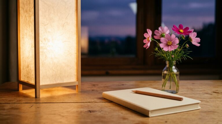 夕暮れの窓辺で和紙の明かりがともるテーブルと、ノートとピンクのコスモス