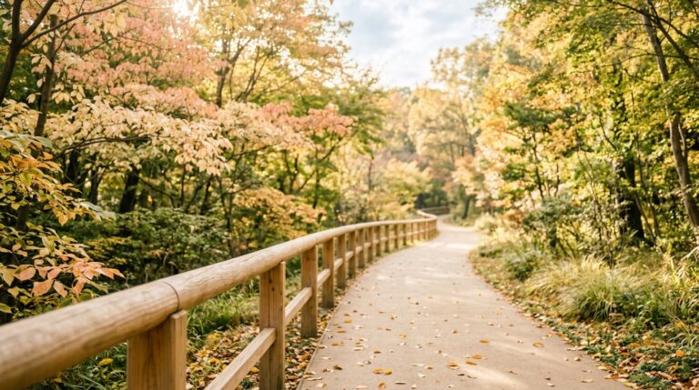 手すりが続く秋の公園の遊歩道
